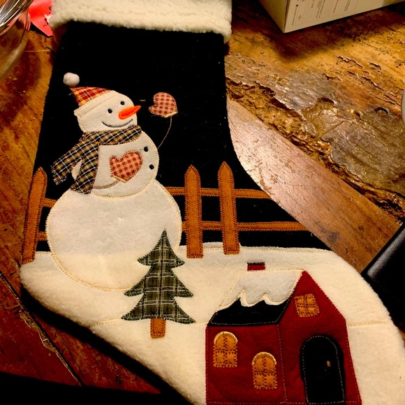 Vintage Christmas Stocking Felt Snowman Yard Fence Blue and White - Picture 1 of 1